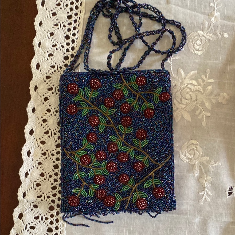 Blue and Red Mini Beaded Bag with Intricate Design